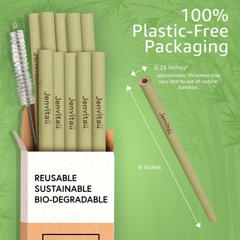 Jenvita 100% Bamboo Straws (10-Pack) - Biodegradable & Compostable 8 Inch Reusable Straws with Cleaner | FSC Certified, Eco Friendly | Hand Wash & Dishwasher Safe | For Hot & Cold Drinks - Image 5